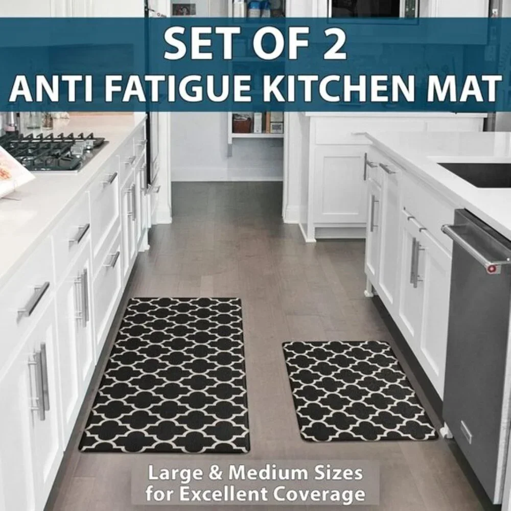 New Black Kitchen Mats, 2Pcs Anti-Fatigue Cushioned Non-Slip Waterproof Rug Set